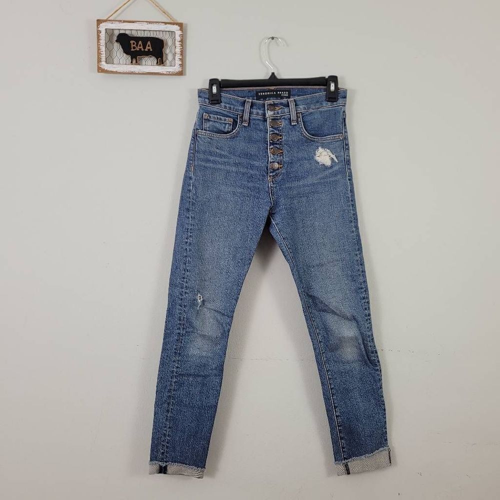 Veronica Beard Faye 11" Skinny Jeans Sz 24 Terrain‎ Distressed Blue Frayed Hem